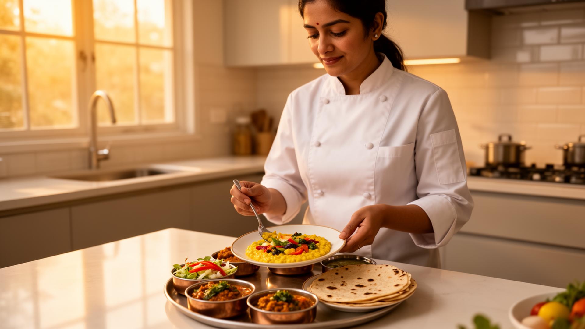 A chef thoughtfully plating a fresh meal